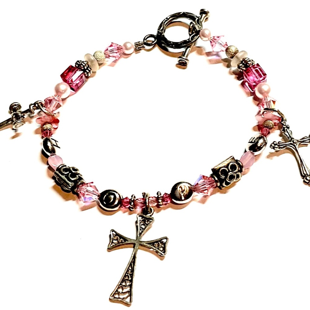 Apostle Creations Pink Swarovski Crystal and Cross Hope Bracelet    NWT